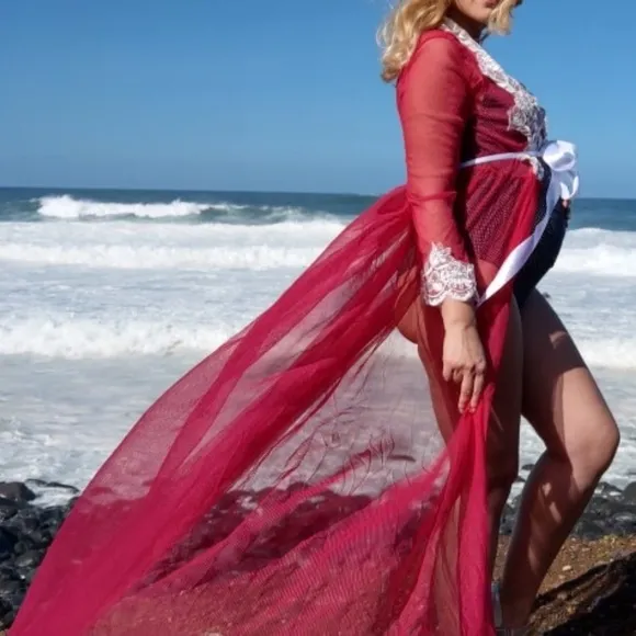 Pink Maternity Photoshoot Lace on Mesh Gown Robe