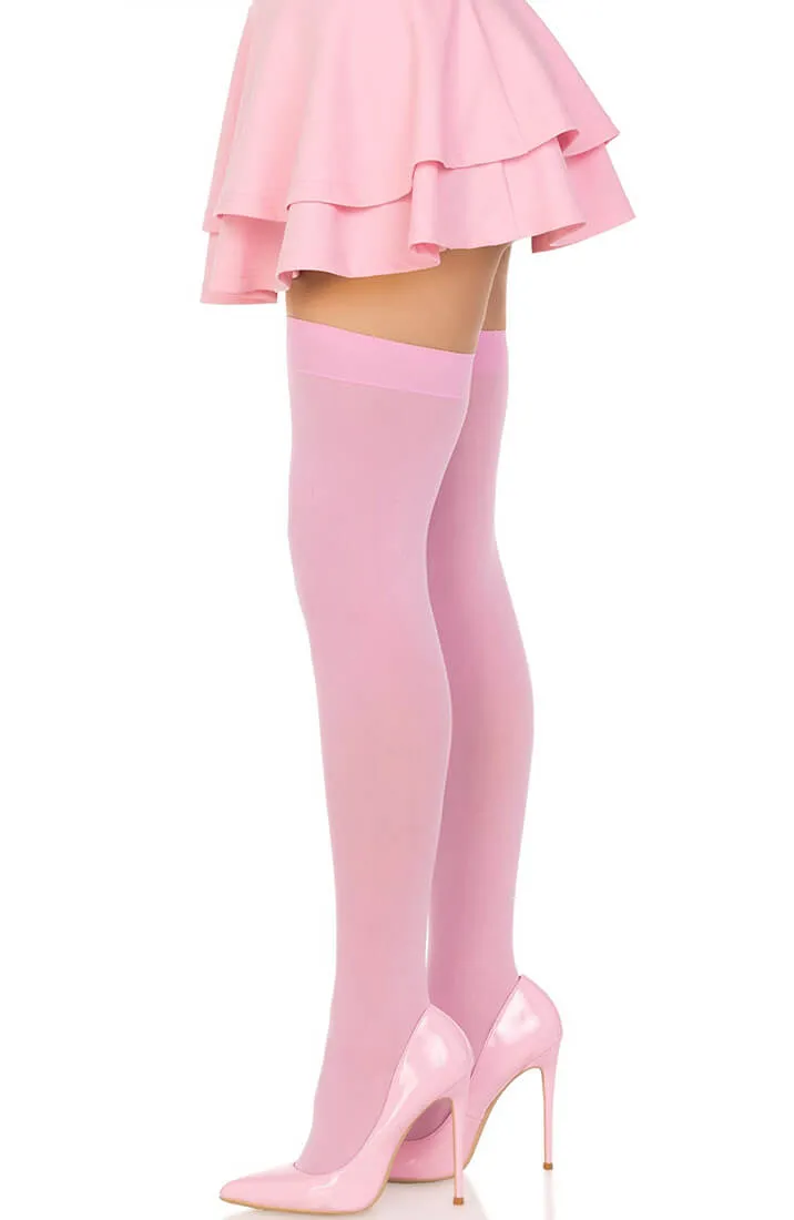 Pink opaque thigh high stockings