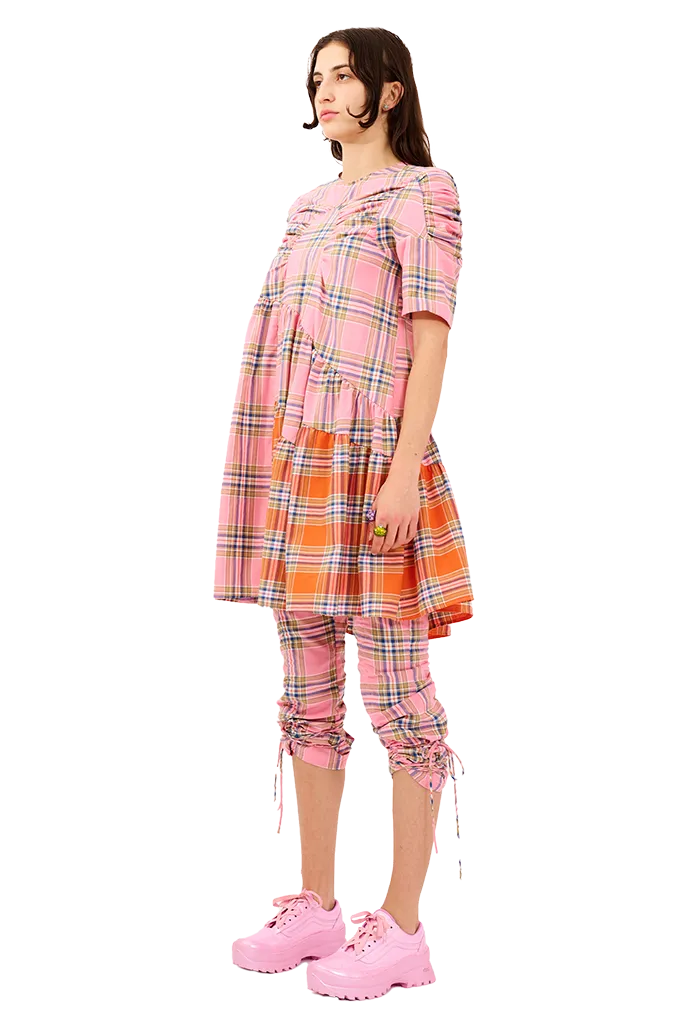 PINK-ORANGE PLAID ARC MIDI DRESS