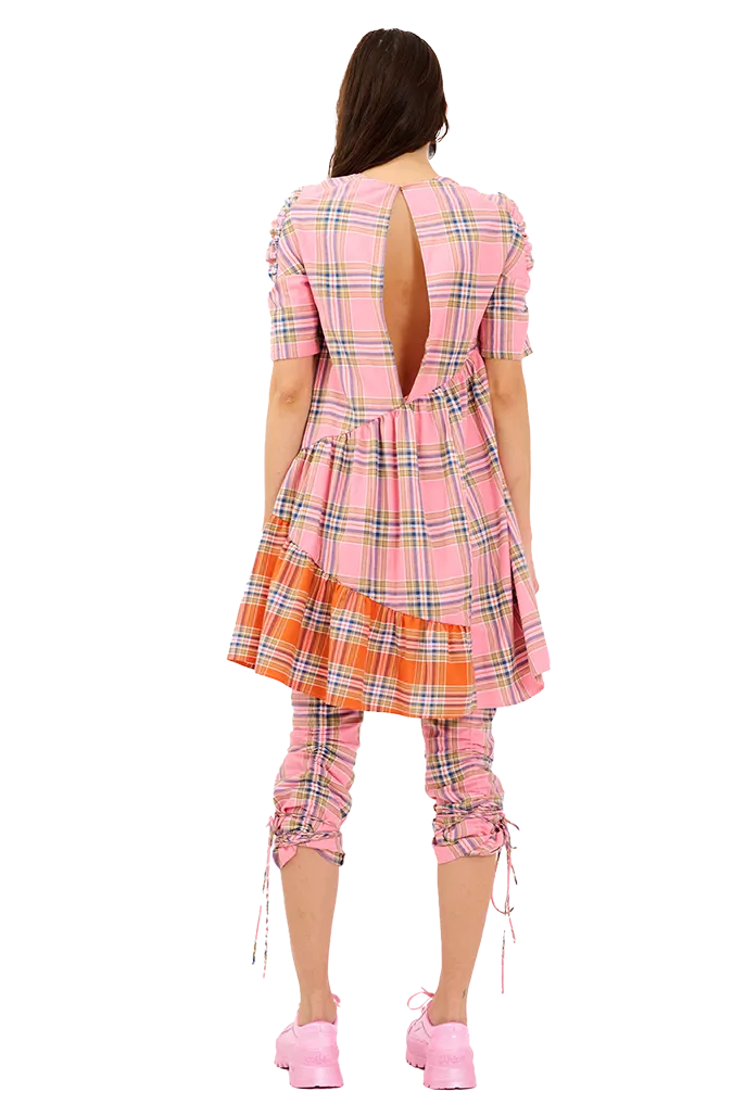 PINK-ORANGE PLAID ARC MIDI DRESS