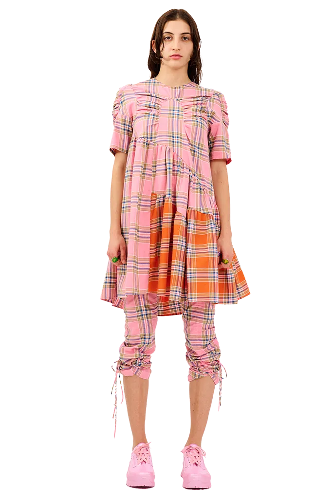 PINK-ORANGE PLAID ARC MIDI DRESS