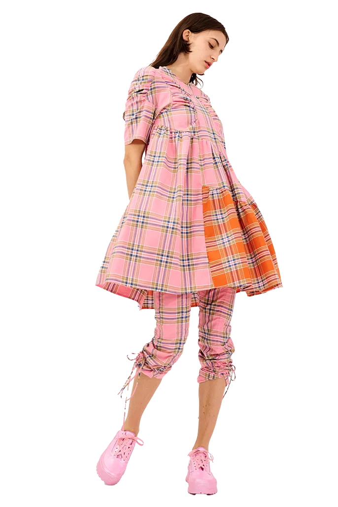 PINK-ORANGE PLAID ARC MIDI DRESS