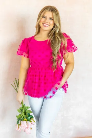 Pink polka dot mesh peplum top