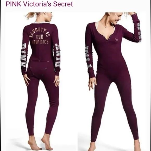 PINK Victoria's Secret Bling NAUGHTY IS THE NEW NICE One Piece Long Sleeve Sz M