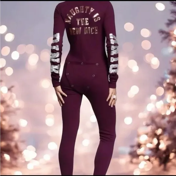 PINK Victoria's Secret Bling NAUGHTY IS THE NEW NICE One Piece Long Sleeve Sz M