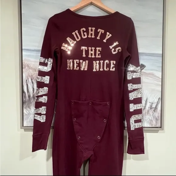 PINK Victoria's Secret Bling NAUGHTY IS THE NEW NICE One Piece Long Sleeve Sz M