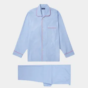 Plain Blue End-on-End Cotton Pyjamas With Red Piping
