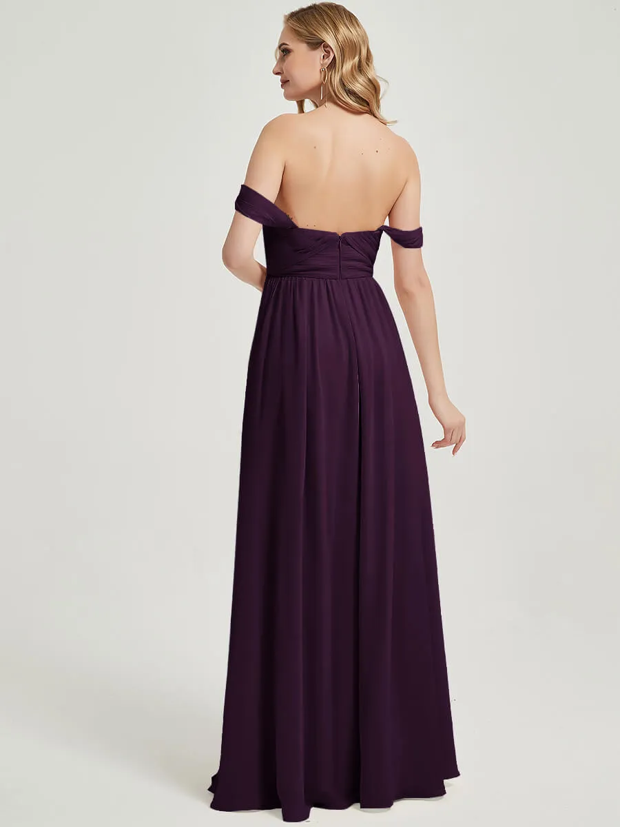 Plum Convertible Halter Off-shoulder Chiffon Bridesmaid Dress Maxi