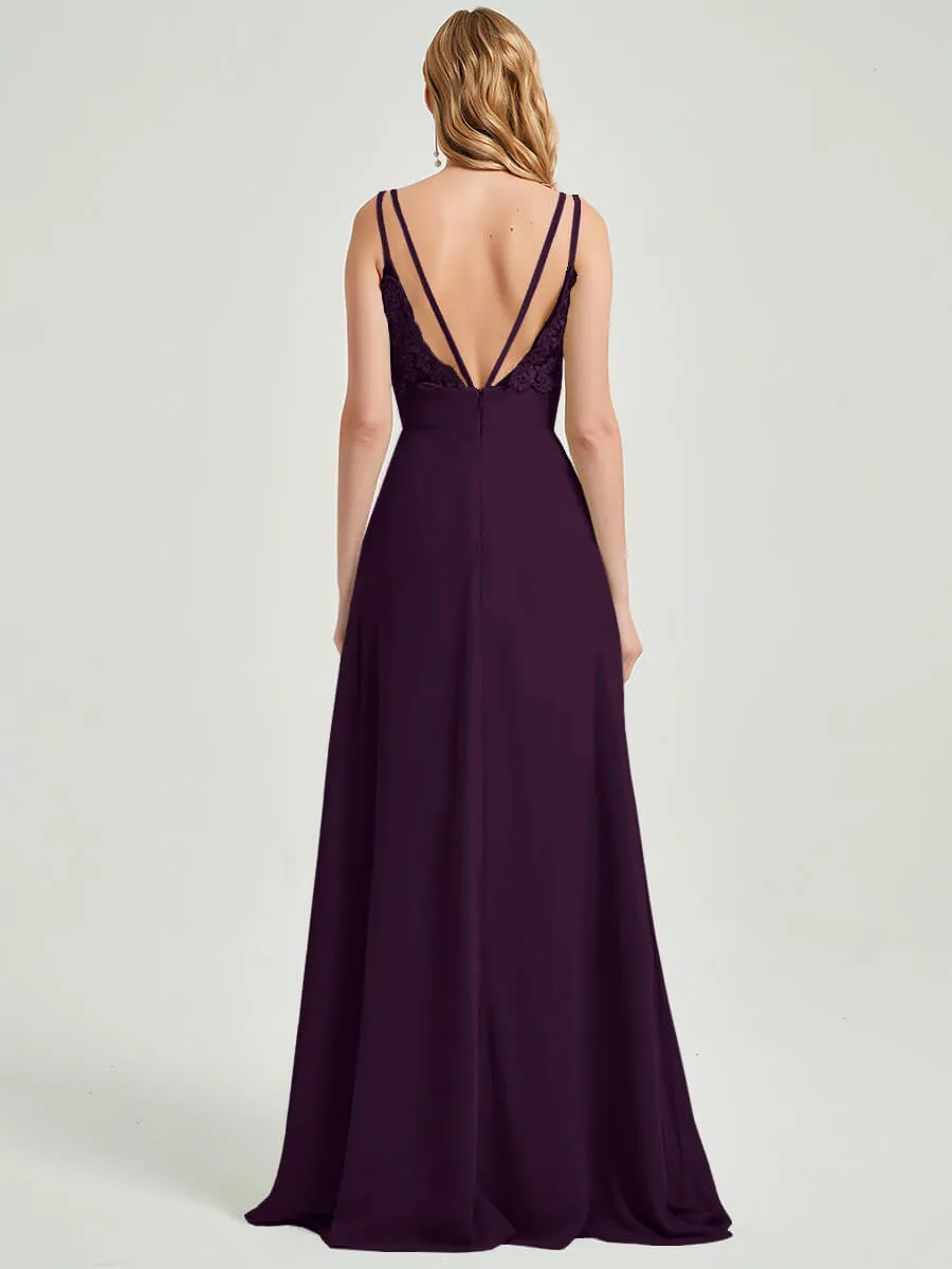 Plum Spaghetti Straps V-Neck Slit Lace Chiffon Maxi Bridesmaid Dress
