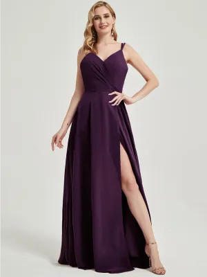 Plum Spaghetti Straps V-Neck Slit Lace Chiffon Maxi Bridesmaid Dress
