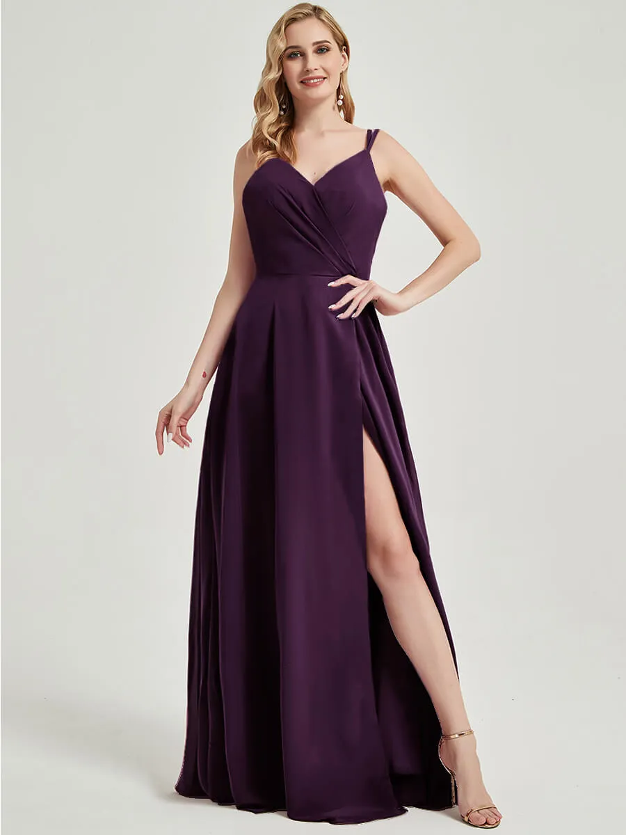 Plum Spaghetti Straps V-Neck Slit Lace Chiffon Maxi Bridesmaid Dress