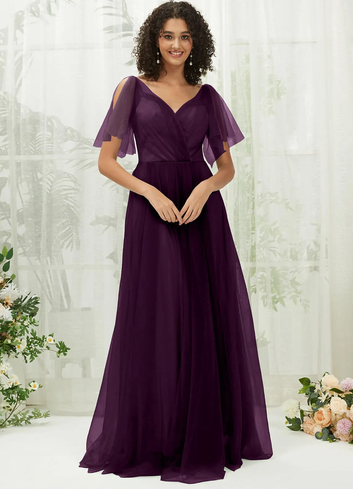 Plum Tulle Sweetheart Ruffle Sleeve Pocket Maxi Bridesmaid Dress