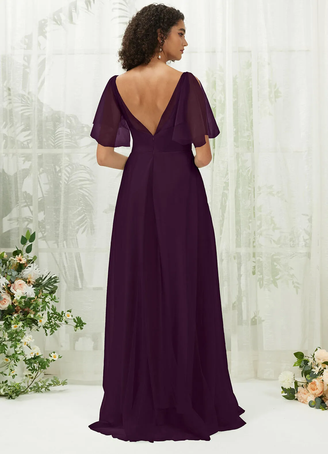 Plum Tulle Sweetheart Ruffle Sleeve Pocket Maxi Bridesmaid Dress
