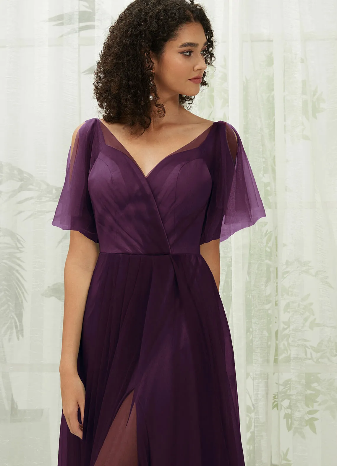Plum Tulle Sweetheart Ruffle Sleeve Pocket Maxi Bridesmaid Dress