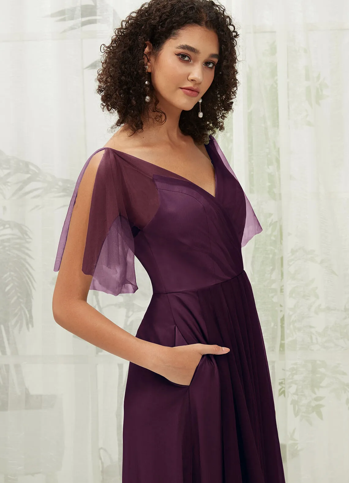 Plum Tulle Sweetheart Ruffle Sleeve Pocket Maxi Bridesmaid Dress