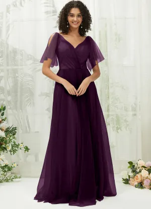 Plum Tulle Sweetheart Ruffle Sleeve Pocket Maxi Bridesmaid Dress