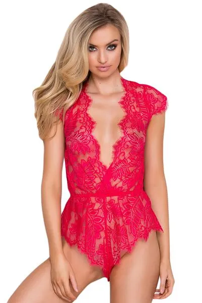 Plunging Eyelash Lace Teddy Lingerie