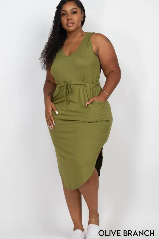 Plus Drawstring Sleeveless Midi Dress