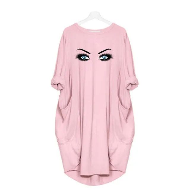 Plus Size 5Xl Ladies Dresses Elegant Makeup Eyes Print Woman Midi Dress Long Sleeve o Neck Beach Party Club Robes