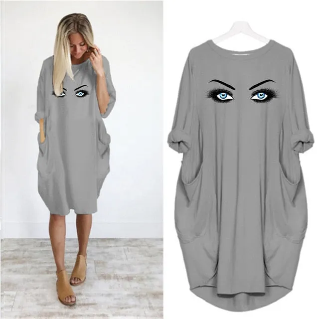 Plus Size 5Xl Ladies Dresses Elegant Makeup Eyes Print Woman Midi Dress Long Sleeve o Neck Beach Party Club Robes