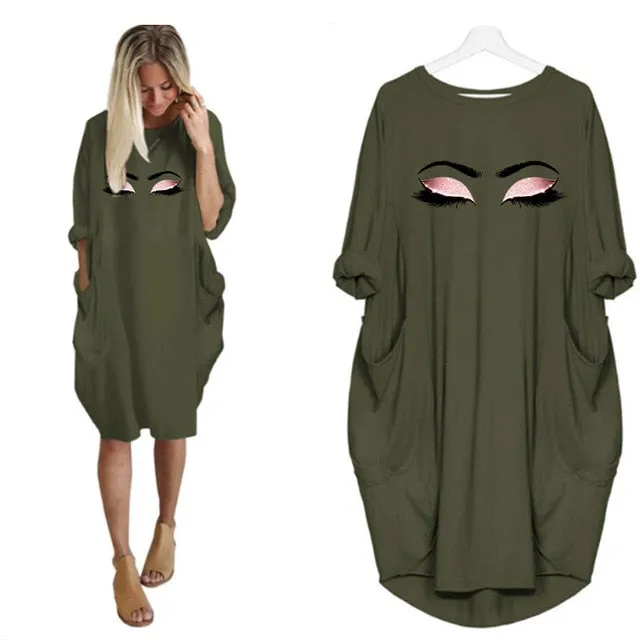 Plus Size 5Xl Ladies Dresses Elegant Makeup Eyes Print Woman Midi Dress Long Sleeve o Neck Beach Party Club Robes