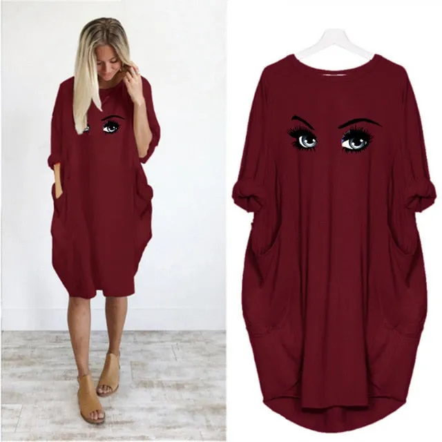 Plus Size 5Xl Ladies Dresses Elegant Makeup Eyes Print Woman Midi Dress Long Sleeve o Neck Beach Party Club Robes