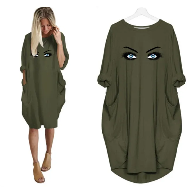 Plus Size 5Xl Ladies Dresses Elegant Makeup Eyes Print Woman Midi Dress Long Sleeve o Neck Beach Party Club Robes