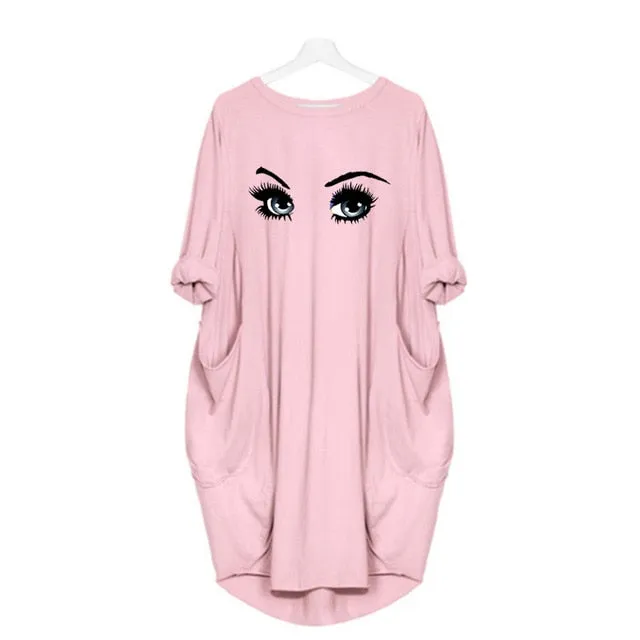 Plus Size 5Xl Ladies Dresses Elegant Makeup Eyes Print Woman Midi Dress Long Sleeve o Neck Beach Party Club Robes