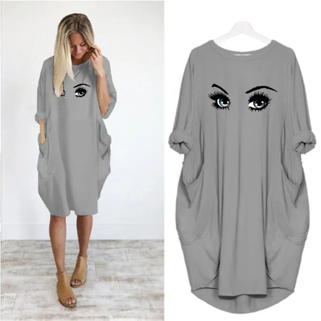 Plus Size 5Xl Ladies Dresses Elegant Makeup Eyes Print Woman Midi Dress Long Sleeve o Neck Beach Party Club Robes