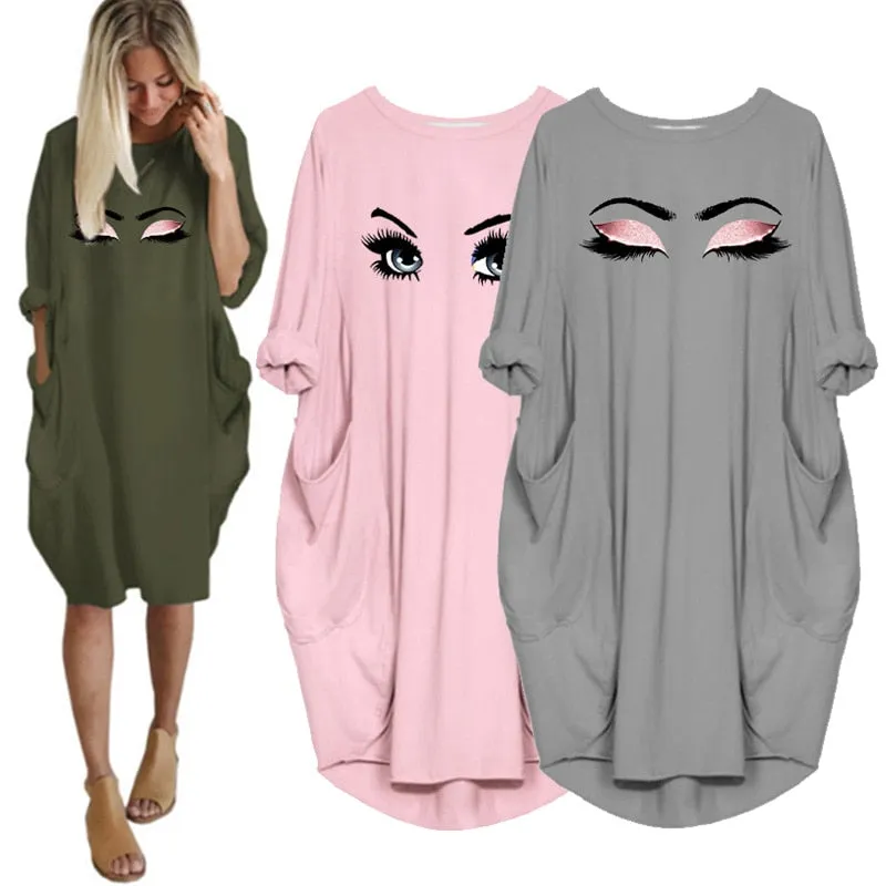 Plus Size 5Xl Ladies Dresses Elegant Makeup Eyes Print Woman Midi Dress Long Sleeve o Neck Beach Party Club Robes
