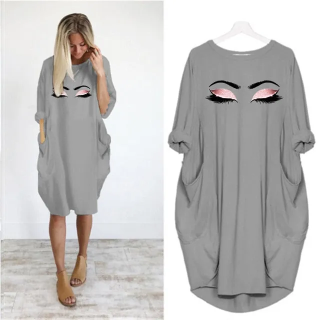 Plus Size 5Xl Ladies Dresses Elegant Makeup Eyes Print Woman Midi Dress Long Sleeve o Neck Beach Party Club Robes
