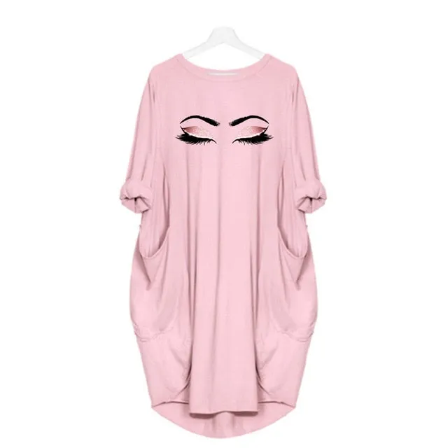Plus Size 5Xl Ladies Dresses Elegant Makeup Eyes Print Woman Midi Dress Long Sleeve o Neck Beach Party Club Robes