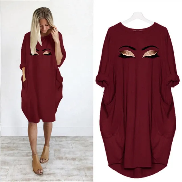 Plus Size 5Xl Ladies Dresses Elegant Makeup Eyes Print Woman Midi Dress Long Sleeve o Neck Beach Party Club Robes