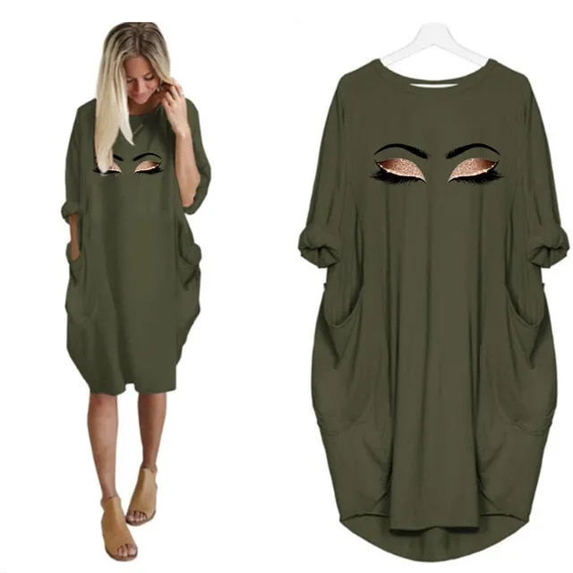 Plus Size 5Xl Ladies Dresses Elegant Makeup Eyes Print Woman Midi Dress Long Sleeve o Neck Beach Party Club Robes