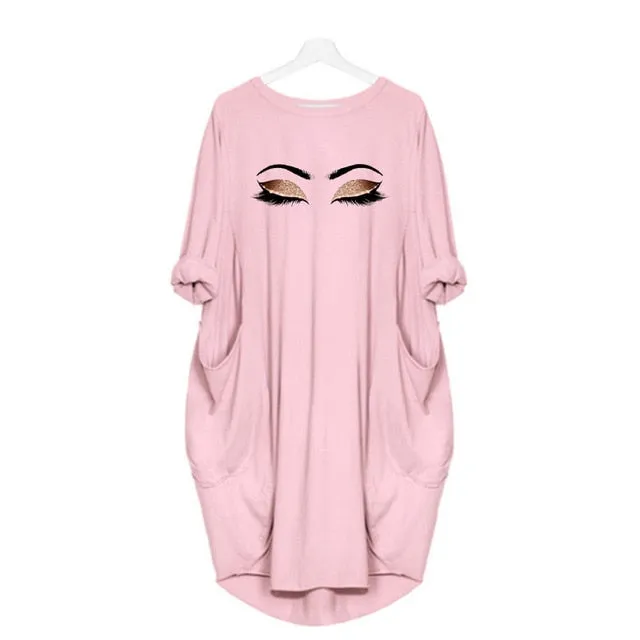 Plus Size 5Xl Ladies Dresses Elegant Makeup Eyes Print Woman Midi Dress Long Sleeve o Neck Beach Party Club Robes
