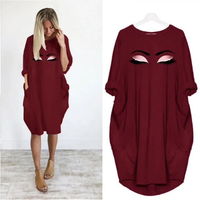 Plus Size 5Xl Ladies Dresses Elegant Makeup Eyes Print Woman Midi Dress Long Sleeve o Neck Beach Party Club Robes