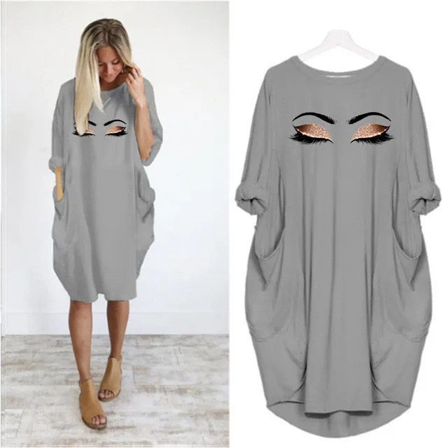 Plus Size 5Xl Ladies Dresses Elegant Makeup Eyes Print Woman Midi Dress Long Sleeve o Neck Beach Party Club Robes