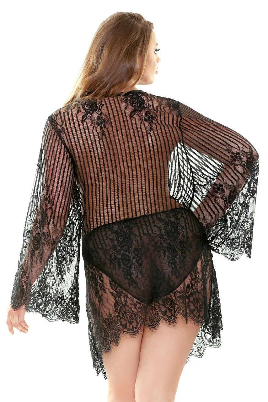 Plus Size Black Lace Robe Cover Up Kimono