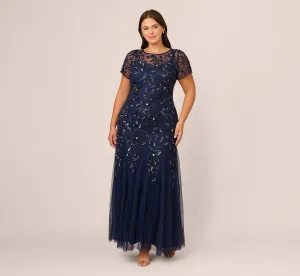 Plus Size Hand Beaded Short Sleeve Floral Godet Gown In Light Navy