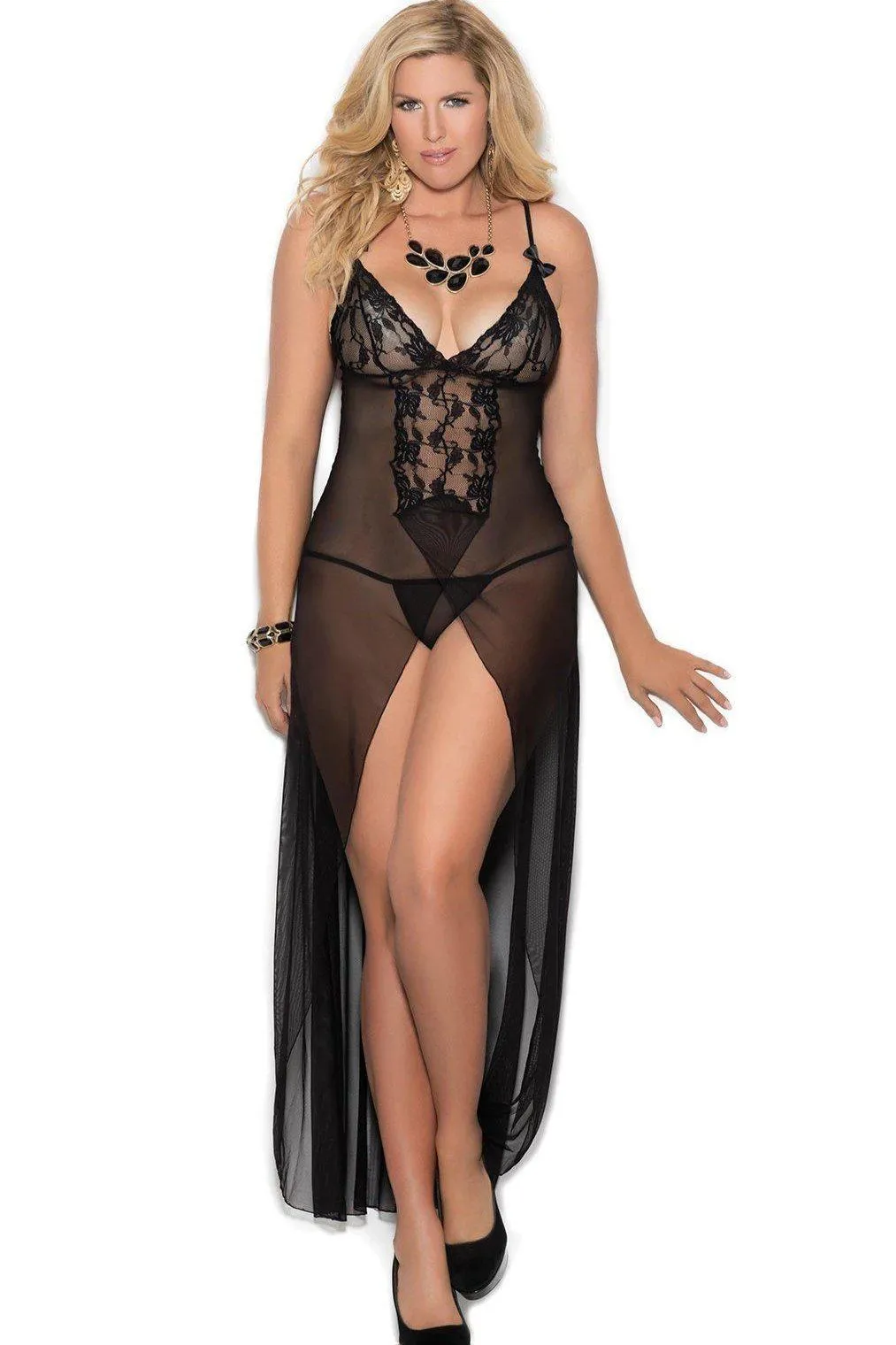 Plus Size Long Mesh Gown With Satin Bows And Lace G-String