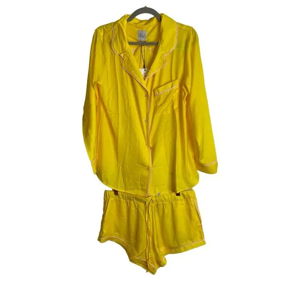 Plush Revolve Luxury Satin Pajama Shorts Set Sleepwear Yellow Pink Size Medium