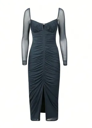 Powermesh Ruched Midi Dress (Slate)