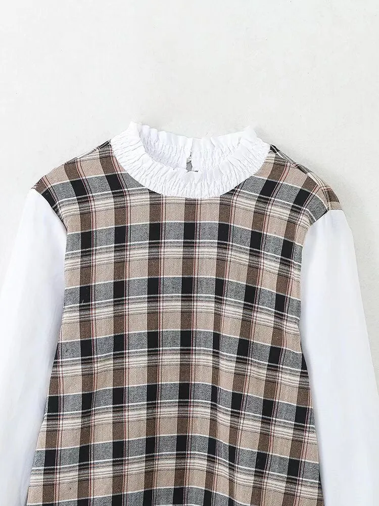 Pre Order:  Mock 2-Piece Plaid Loose Top