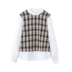 Pre Order:  Mock 2-Piece Plaid Loose Top