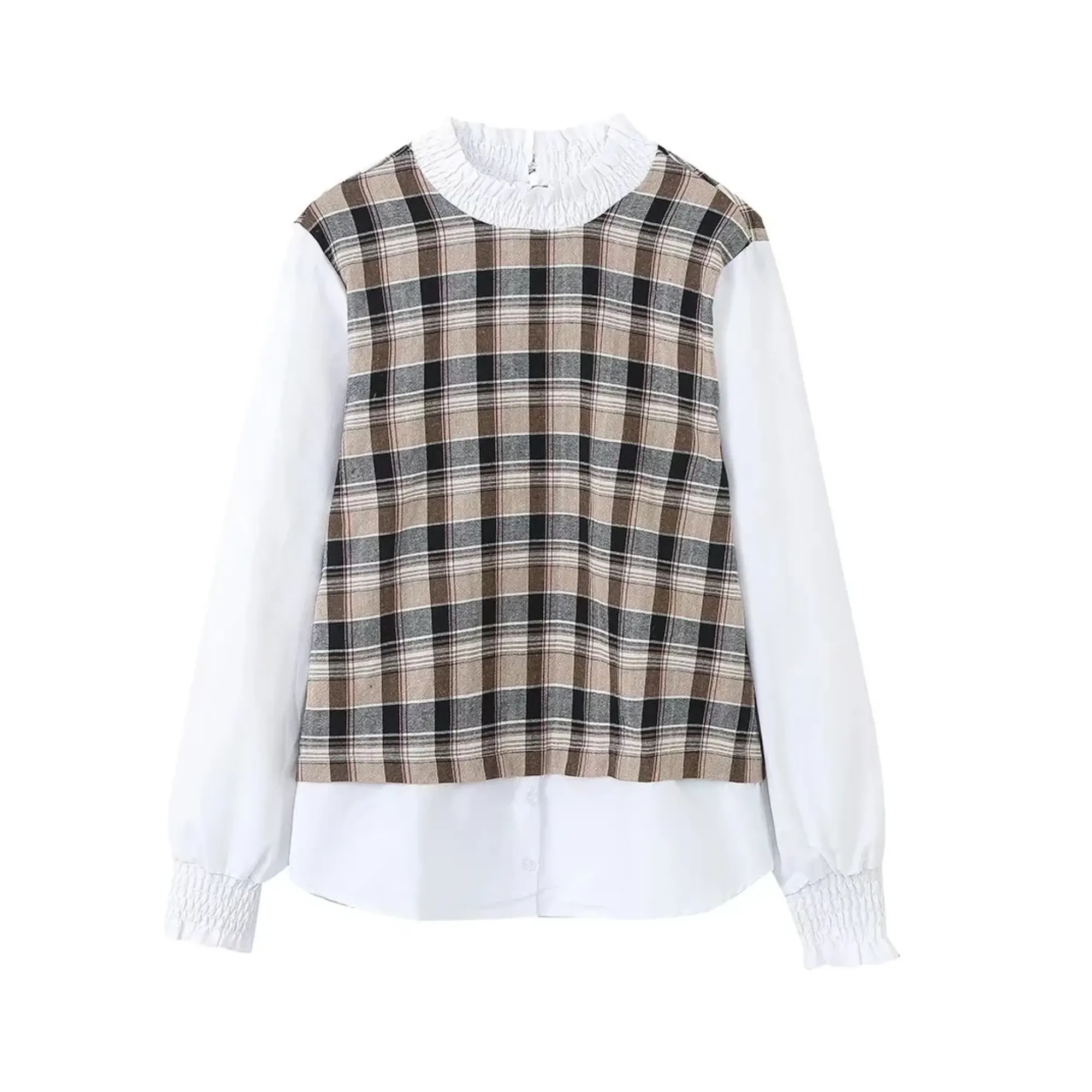 Pre Order:  Mock 2-Piece Plaid Loose Top