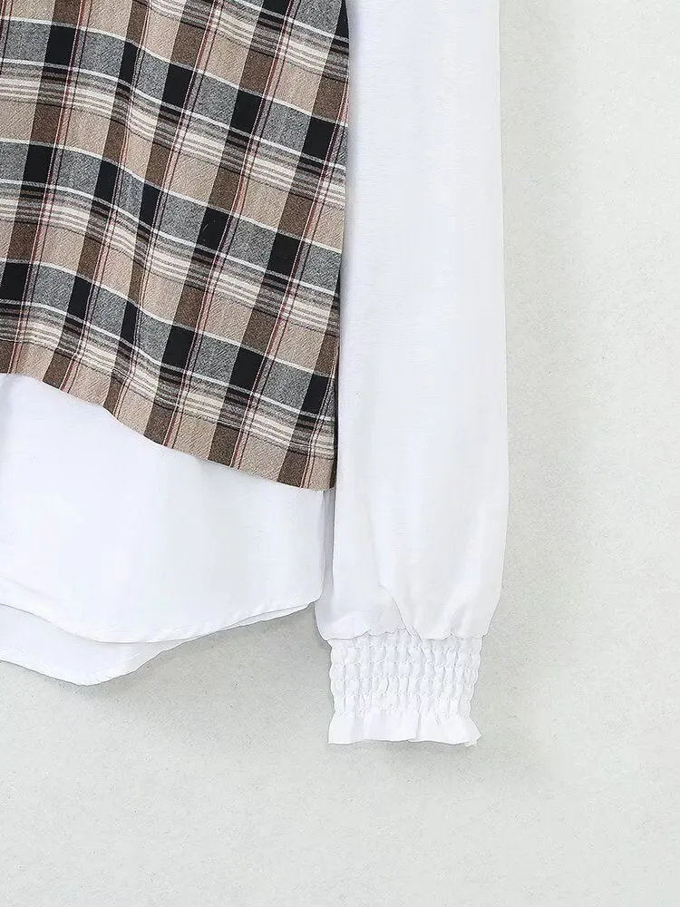 Pre Order:  Mock 2-Piece Plaid Loose Top