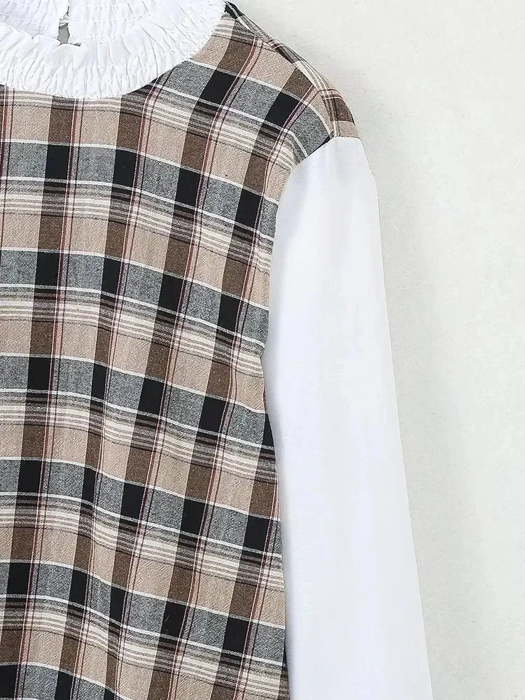 Pre Order:  Mock 2-Piece Plaid Loose Top