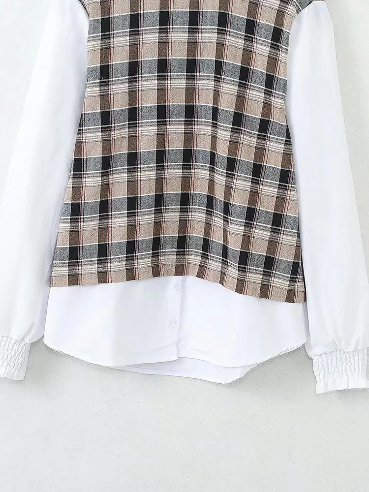 Pre Order:  Mock 2-Piece Plaid Loose Top