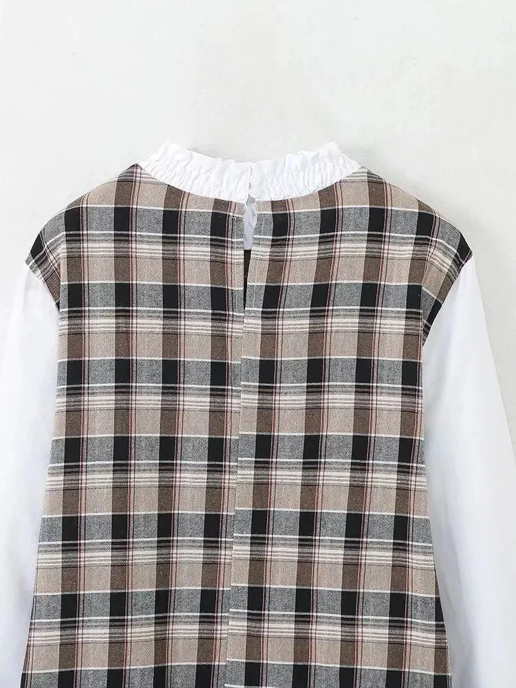 Pre Order:  Mock 2-Piece Plaid Loose Top