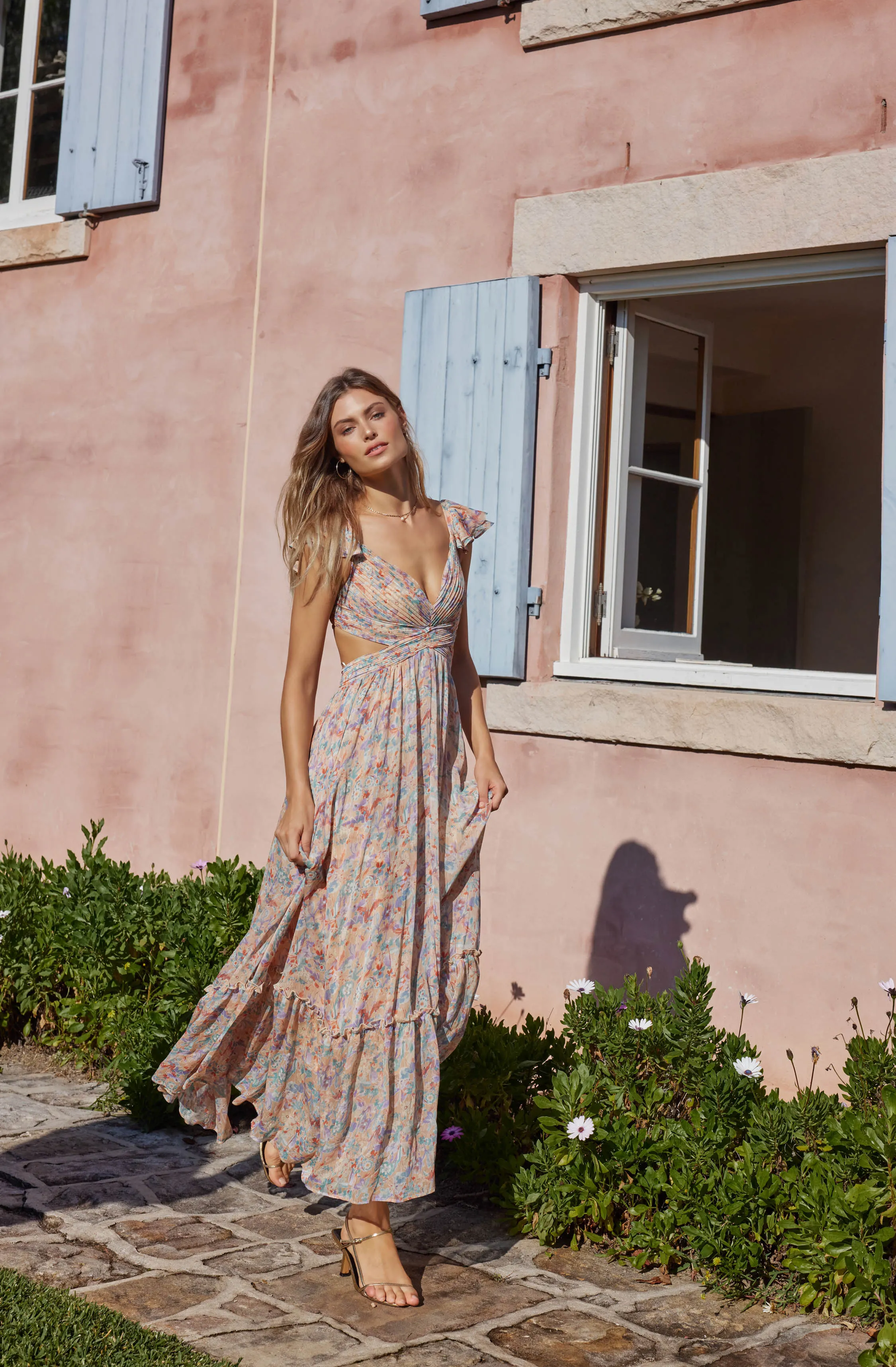 Primrose Floral Cross Strap Open Back Maxi Dress